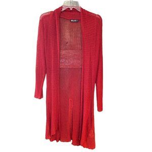 Moffi Sz M Red Stretch Knit Draped Hem Open Long Sleeve Maxi Boho Cardigan